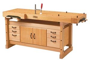 A woodworking workbench with both a front and an end vise. 