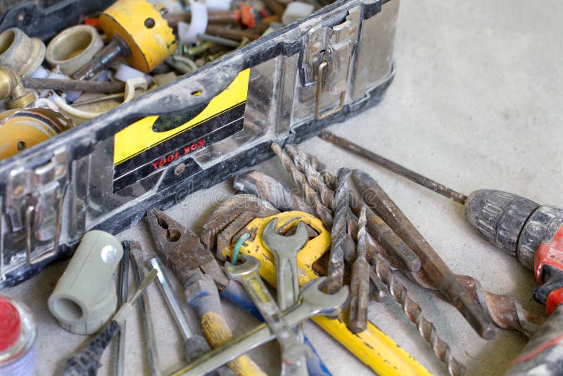 Electrical renovation work, many Hand tools. Electrical renovation work Cable Electric.many Hand tools in toolbox stock image