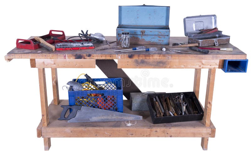 Work Bench, Tools, Isolated. Old wood work bench, the kind you might find in a basement, garage, or man cave. The workbench is covered with tools. Isolated on stock images
