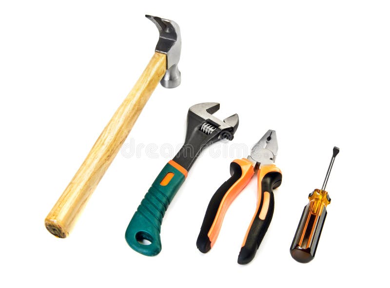 Set of work tools. Hammer,screwdriver, wrench and pliers set of work tools royalty free stock photos