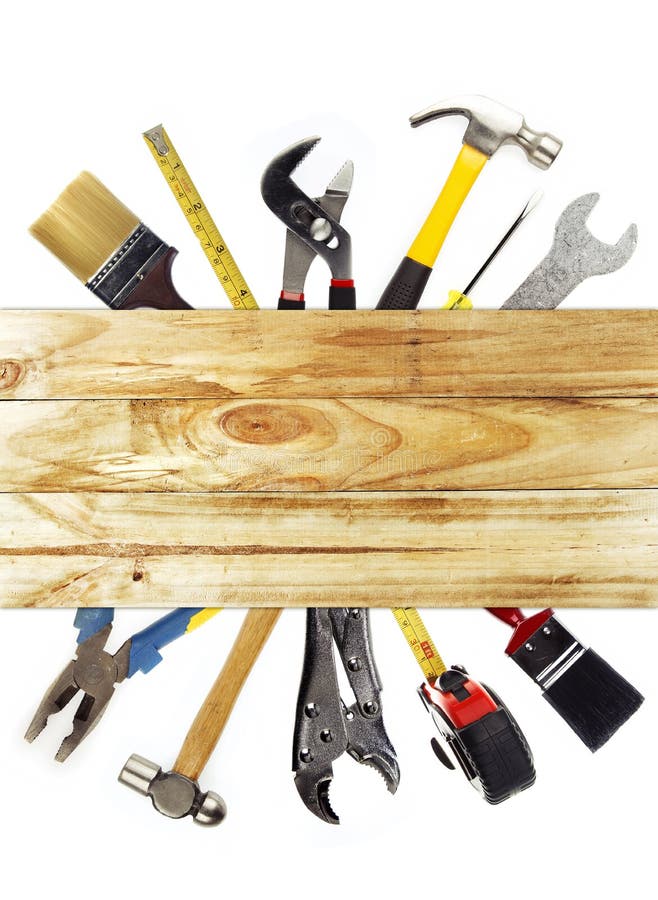 Work tools. Assorted work tools and wood royalty free stock image