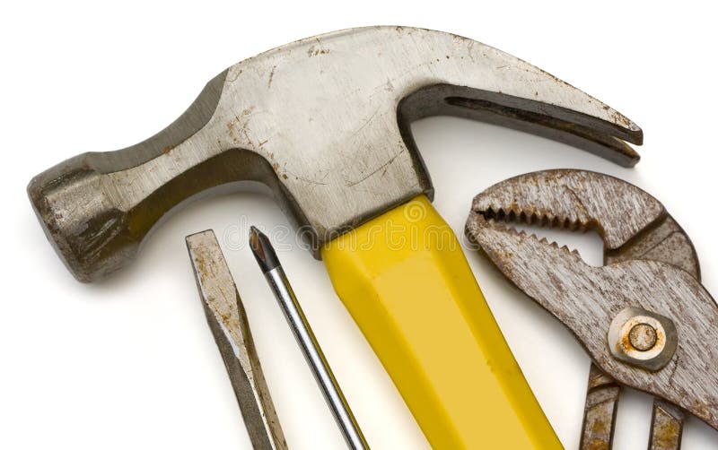 Work Tools with Clipping Path. Close-up of work tools including hammer, screwdrivers and channel locks with clipping path stock photos