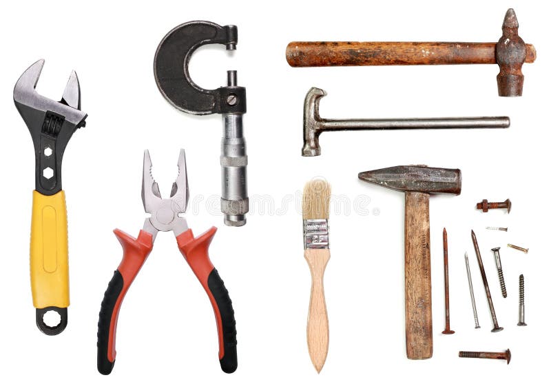 Work tools collection. Used work tools collection on white royalty free stock image