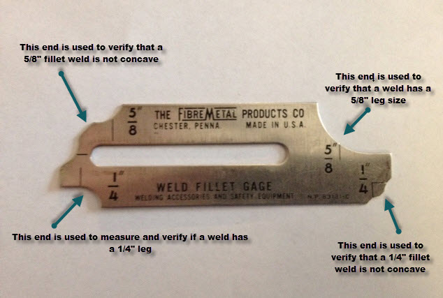 A weld fillet gage set will typically include 7 or more pieces similar to this one.