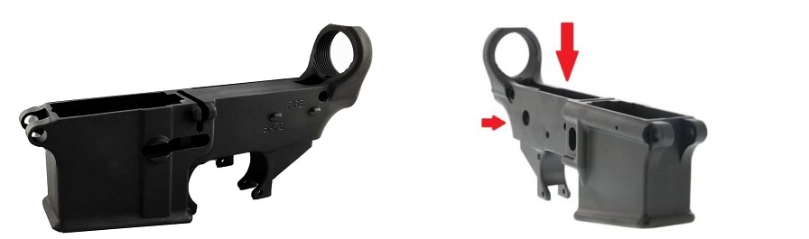 This visual comparison shows a raw 80 percent lower, and a finished, stripped AR-15 lower receiver.