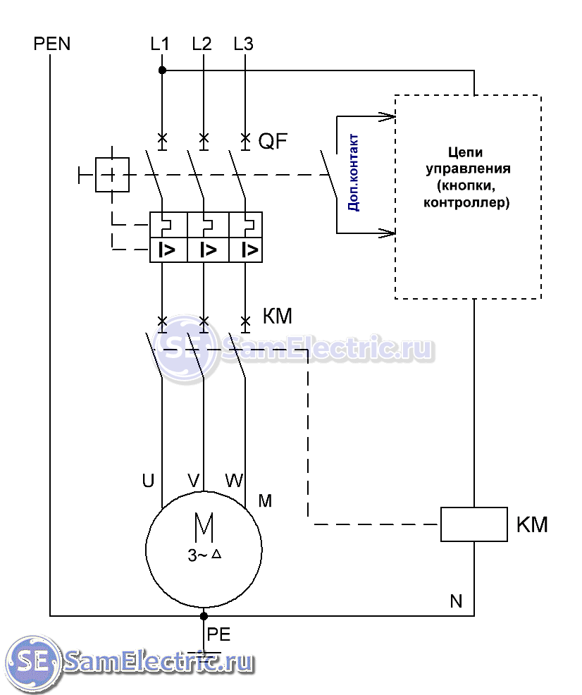 Схема управления двигателем с помощью магнитного пускателя